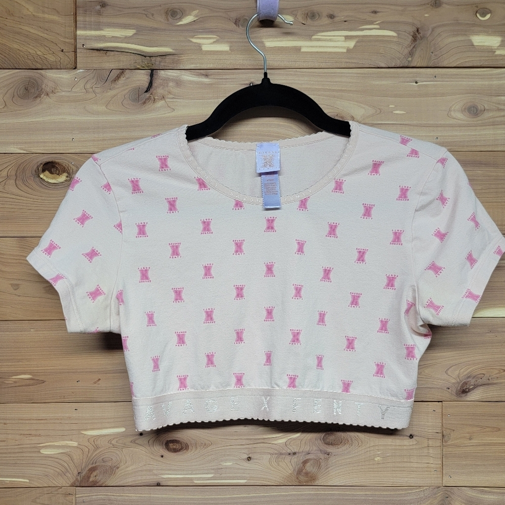 Savage X Fenty Pink Patterned Cream Crop Top